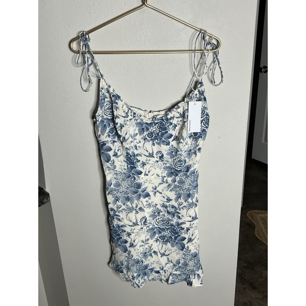 Reformation Esther Ivory Blue Floral Mini Dress Tie Shoulders Sz 10